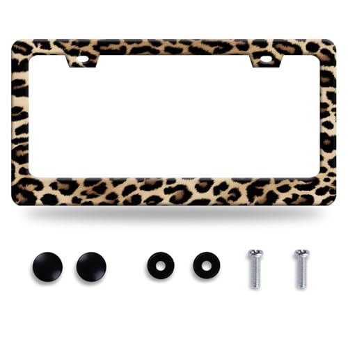 Leopard License Plate Frame Cheetah Leopard Brown License Plate Stainless Steel Funny License Plate Holder Animal Car Accessories with Screws Car Decoration 12.3" x 6.3" Fits Standard Vehicles Size - color: Vintage Brown Leopard Print