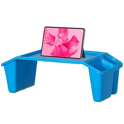 Basicwise Activity Desk Table with Built-in Cup Holder & Storage Compartments Multipurpose Lap Tray for Home Learning Art Activities Snack Time Reading & Floor-Based Task Raised-Leg Design, Blue