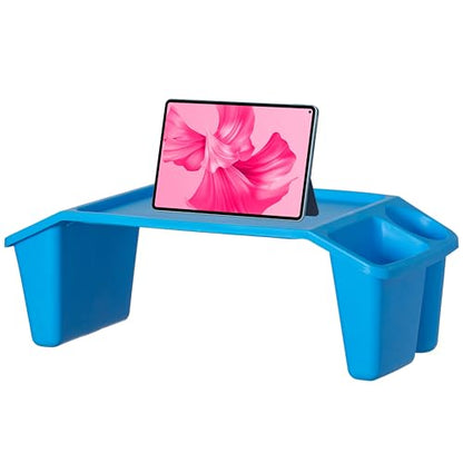 Basicwise Activity Desk Table with Built-in Cup Holder & Storage Compartments Multipurpose Lap Tray for Home Learning Art Activities Snack Time Reading & Floor-Based Task Raised-Leg Design, Blue