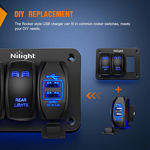 Nilight Dual USB 4.2A Rocker Switch Style 12V/24V Fast Socket Waterproof Quick for Cars Boats Trucks RVs, 2 Years Warranty, Blue - style: Dual USB