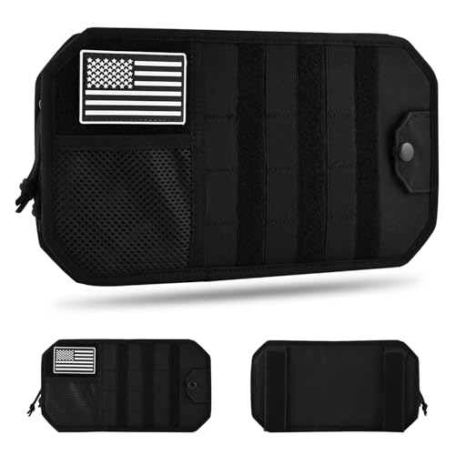 Car Sun Visor Organizer with Zipper Storage Pouch & Glasses Clip – Semi-Rigid MOLLE Panel with Patch – Universal Fit for Vehicles, SUVs, Trucks(Black)