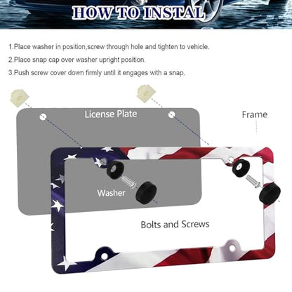 LIN KANG American Flag License Plate Frame Holder - 2 Pack Patriotic Universal Aluminum Matte Stripe US Flag Gloss Car Plate Frame Covers Accessory with 4 Holes and Screws Fasteners Caps - color: Matte American flag 4 Holes B