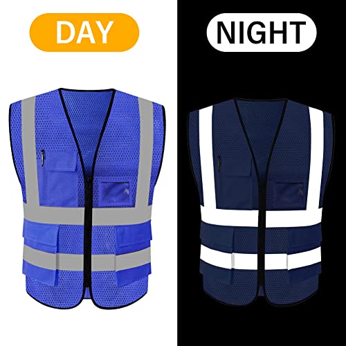 HYCOPROT High Visibility Mesh Safety Reflective Vest with Pockets and Zipper, Meets ANSI/ISEA Standards - color: Blue, size: XX-Large