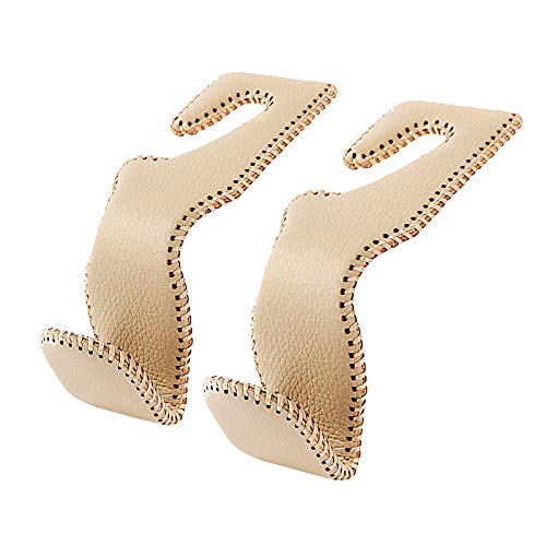 AMVOYOA Headrest Hooks for Purses and Bags, Car Back Seat Headrest Hanger Vehicle Beige Leather Storage Hook, Pack of 2 - color: Beige, size: 2 Pack