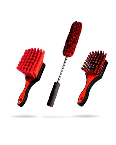 Adam's Wheel & Tire Brush Kit (3-Item) - Includes Wheel Brush, Tire Brush & Barrel Brush for Cleaning Rubber, Plastic, Chrome, Metal, Aluminum, Rim & Spoke Surfaces - size: 3-Item