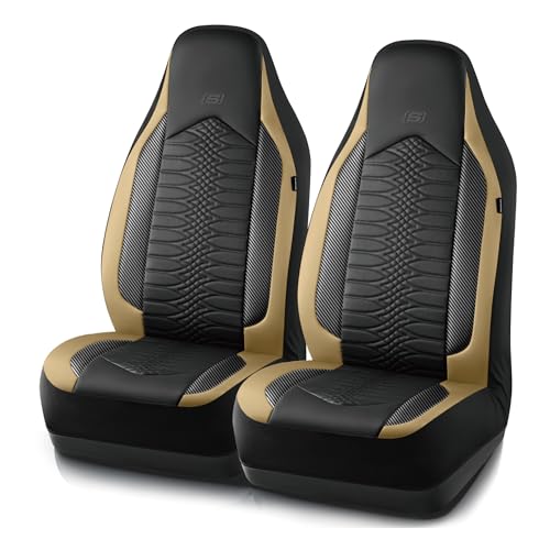 Skechers Memory Foam Car Seat Covers, Leather High Back Seat Covers Quilting Design,Waterproof Sports Car Seat Covers Front Seats,Airbag Compatible, Universal Fit for Most Cars, SUVs,Trucks,Beige - color: Black and Beige, size: Front Seats Only