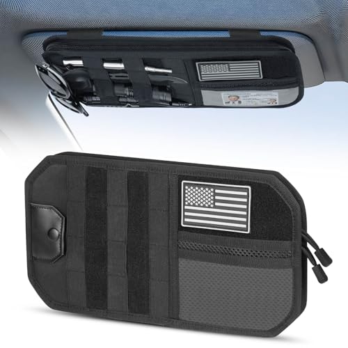LEPHYON Molle Visor Organizer for Car, 1000D Polyester Tactical Panel Sun Glasses Holder with Zipper Pockets, Adjustable Straps for SUV Truck Pickup Patrol Car Storage (Black) - color: Black