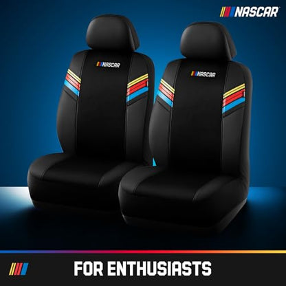 NASCAR Car Seat Covers, Black Leather and Mesh Seat Covers, Universal Fit Front Seat Covers for Cars with Airbag-Compatible Design, Durable Racing-Inspired Car Interior for Cars, Trucks & SUVs - color: Black