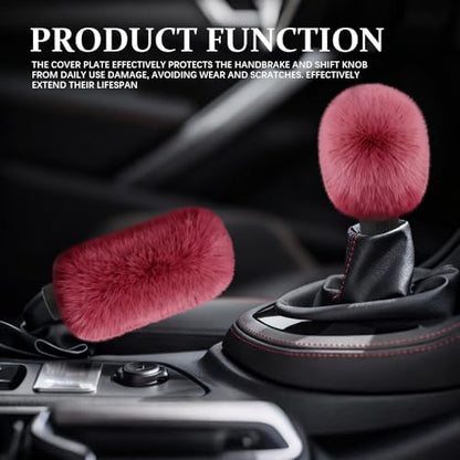 2PCS Plush Car Gear Shift Knob Cover & Handbrake Cover, Shift Knob Protector, Soft Fluffy Gear Handbrake Protective Sleeves, Shifter Lever Brake Handle Warm Plush Set for Cars (Wine Red) - color: Wine Red