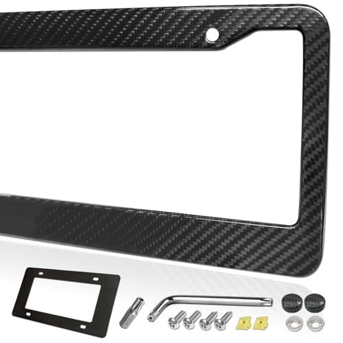 FBJTDQ Carbon Fiber License Plate Frame- Stainless Steel Car Tag Holder Wrapped with Real Carbon Fiber, 2 Hole Wide Edge, Anti-Theft Screws Caps, Rattle-Proof Pad, 1 Pack for Front or Rear - color: Carbon-2 Hole-Wide
