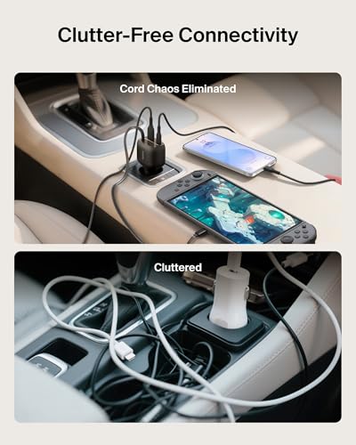 Belkin USB C Car Charger 75W w/ 30in USB C Retractable Charger, Compatible with iPhone 17 & 16 Series, Galaxy S26 Series, AirPods, Tablet, MacBook, Chromebook