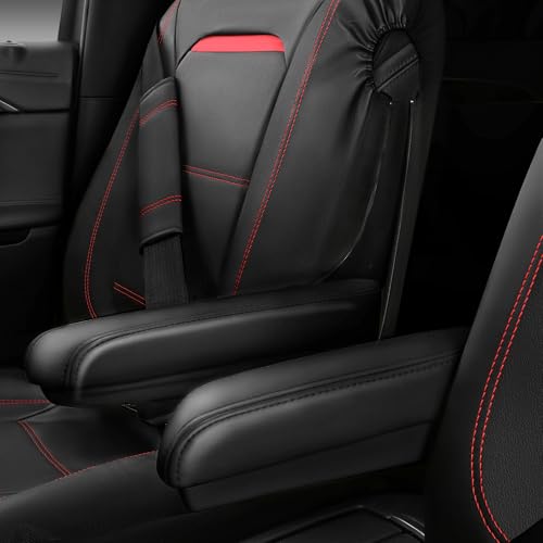 CAR PASS Leather Car Seat Cover Full Set with Steering Wheel Cover and 2PCS Seat Belt Shoulder Pads,for Trucks and SUV with Built-in Seatbelts and Front Seat Side Armrests(Combo Set, Black and Red) - color: Black Red Set