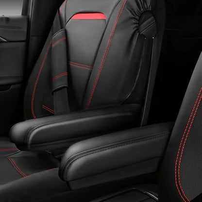 CAR PASS Leather Car Seat Cover Full Set with Steering Wheel Cover and 2PCS Seat Belt Shoulder Pads,for Trucks and SUV with Built-in Seatbelts and Front Seat Side Armrests(Combo Set, Black and Red) - color: Black Red Set