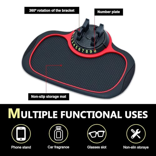 1 PC Multifunctional Car Anti-Slip Mat, PVC Extra Large Pad with Phone Holder, Dashboard Organizer with Temporary Number, Universal for Phones, Keys, Coins, Sunglasses (Black & Red)