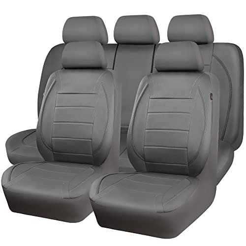 CAR PASS Piping Faux Leather Car Seat Cover Full Set,Grey Breathable Leather Seat Covers for Cars, Airbag Compatible,Universal Fit for SUVs,Van,Sedans,Small Trucks (Full Set, All Gray) - color: Grey with charcoal stripes