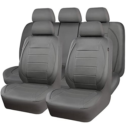 CAR PASS Piping Faux Leather Car Seat Cover Full Set,Grey Breathable Leather Seat Covers for Cars, Airbag Compatible,Universal Fit for SUVs,Van,Sedans,Small Trucks (Full Set, All Gray) - color: Grey with charcoal stripes