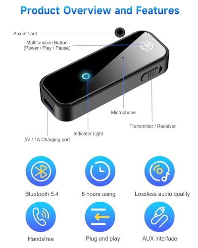 Auxiliary Aux Bluetooth 5.4 Adapter for Car, 2 in 1 Bluetooth Receiver Transmitter, 3.5mm Jack Wireless Audio Adapter Dongle for TV Headphone PC Speaker Amplifier Home Stereo System, with Microphone - color: A(Standard)-Black