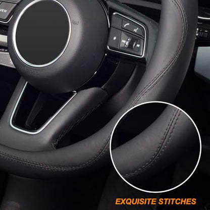 KAFEEK Black Steering Wheel Cover, Universal 15 inch, Microfiber Leather Black, Soft and Odorless, Durable Leather Cover with Anti-Slip Lining - color: black1