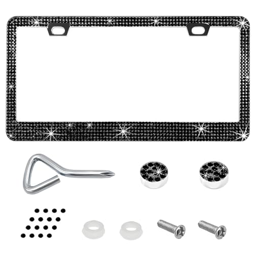 Bling License Plate Frame, Sparkly Rhinestone Car Tag Cover with Glitter Crystal Caps, Stainless Obstruction-Free Licence Plate Holder for Women Girls, Universal Car Accessories (Black) - color: Black
