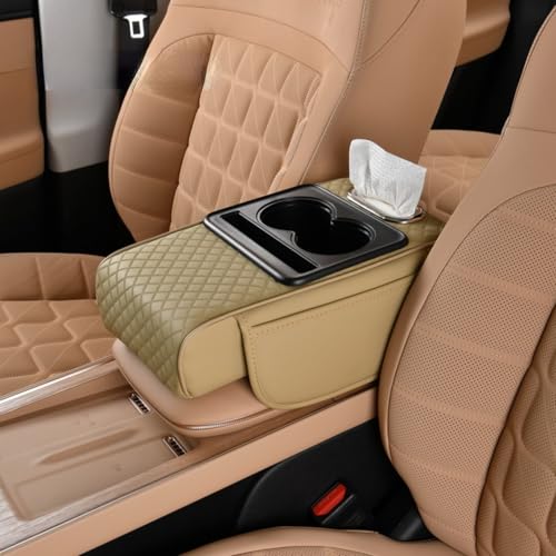 Car Center Console Pad Leather Armrest Pad w/Cup Holder, Tissue Box Slot, Side Bag, Phone Slot for Car Sedans (Embossed, Beige) - color: Beige, style: Embossed