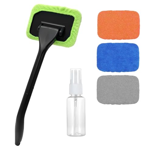 Car Windshield Cleaning Tool, Microfiber Windscreen Cleaner with 4 Washable Cloth Pads & Spray Bottle, Reusable Window Cleaning Kit with Detachable Handle for Auto Glass Wiper