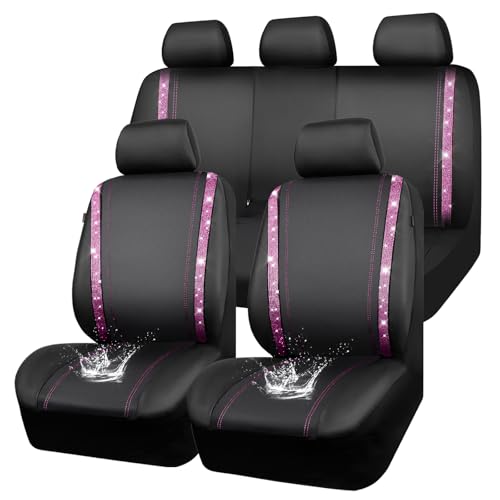 CAR PASS Bling Diamond Car Seat Covers Full Set, Shining Rhinestone Waterproof Faux Leather, Rear with Zipper, Universal Fit Automotive Glitter Crystal Sparkle Strips for Women Girl, Black Pink - color: Pink Diamond, size: Full Set