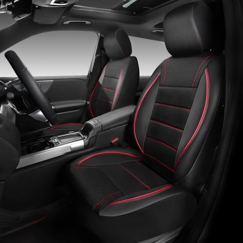 CAR PASS Air Mesh Leather Car Seat Covers Front Seats, Breathable Two Front Seat Covers for Cars, Comfortable Universal Fit for SUV Truck Sedan Automotive, Anti-Slip Airbag Compatible,Black and Red - color: Black Red Mesh