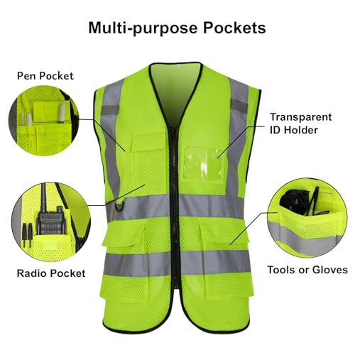 6 Pockets Class 2 Safety Vest for Men Women High Visibility Reflective Construction Vests, Meets ANSI Standard - size: Medium