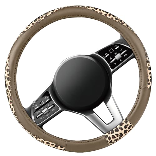 Road Comforts Steering Wheel Cover - Made with PVC Leather and Leopard Fabric - Universal 14 1/2 inches to 15 inches for Most Automotive Steering Wheel - Cheetah Print -Beige - color: Round-Beige