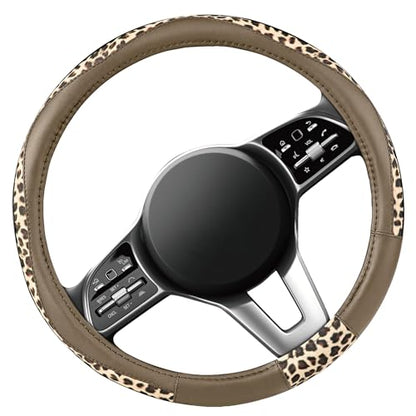 Road Comforts Steering Wheel Cover - Made with PVC Leather and Leopard Fabric - Universal 14 1/2 inches to 15 inches for Most Automotive Steering Wheel - Cheetah Print -Beige - color: Round-Beige
