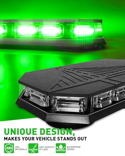 HLauto 406D Rooftop Emergency Strobe Lights Bar, 102 LED Green Mini Beacon Safety Flashing Warning Traffic Lights Bar w/Magnetic Base for 12-24V Trucks, Construction Vehicles, Snowplow, Cars - color: Green