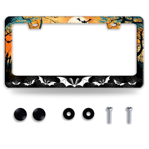 Halloween License Plate Frame Bats Spider Web License Plate Colorful Auto Accessory Decoration Stainless Steel Funny License Plate Frames 6.3 x12.3 Inch - color: Halloween Bat Spider Web