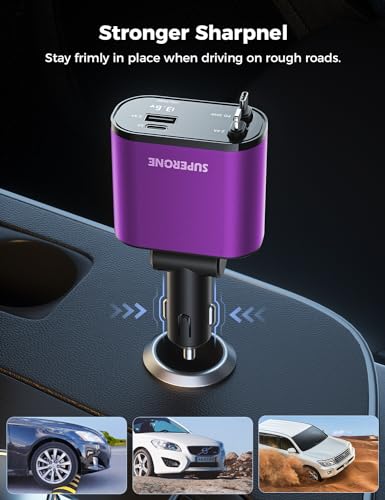 SUPERONE 【Upgraded】 Retractable Car Charger 4 in 1, Fast Car Phone Charger with Cord 2.6ft, USB C and Apple Car Charger Adapter, Compatible with iPhone 17/16/15/15 Pro Max/14/13/12/11, Galaxy, Pixel - color: Purple