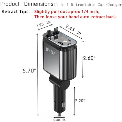 4 in 1 Retractable Car Charger with Starry Light,69W USB-C Fast Car Charger, for iPhone 17/16/15/14/13/12/11, Android,Pixel,Cigarette Lighter Charger (for Lightning+USB-C) - size: for Lightning+USB-C