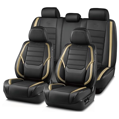 Skechers MAX Cushioning Seat Covers,Memory Foam Leather Car Seat Covers,Waterproof Car Seat Protector Full Sets,Car Seat Cushion Airbag Automotive Universal Fit for Most Cars,Vans,Trucks,SUV,Beige - color: Black and Beige, size: Full Coverage Set