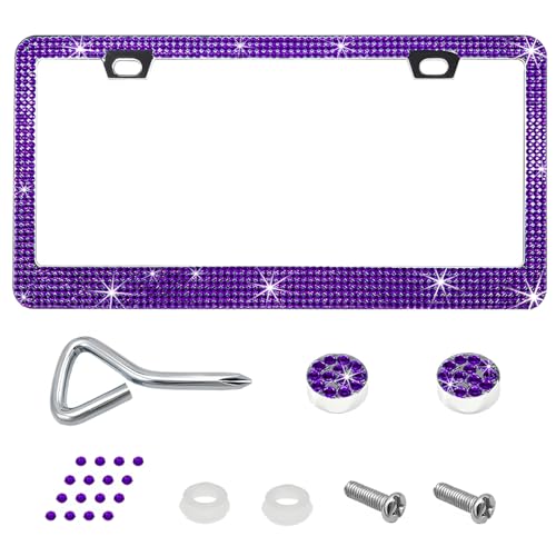 Bling License Plate Frame, Sparkly Rhinestone Car Tag Cover with Glitter Crystal Caps, Stainless Obstruction-Free Licence Plate Holder for Women Girls, Universal Car Accessories (Purple) - color: Purple