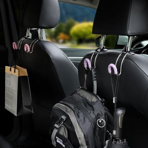 Soleebee 2 Pack Bling Car Headrest Hooks Crystal Rhinestones Universal Car Seat Hook Auto Hook Durable Car Back Seat Hangers Storage Organizer (Pink) - color: Pink