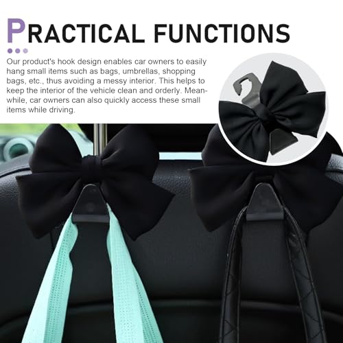 2 PCS Car Purse Hook, Cute Bow Seat Headrest Hooks, Automotive Interior Decorating Accessories, Car Accessories for Women (Black)