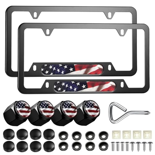 American Flag License Plate Frames - 2 Pack Patriotic Aluminum Metal Flying US Flag Car Tag Plate Frame Holder Covers with 4 Fluttering Flag Car Valve Caps and Screws - color: Fluttering US Flag