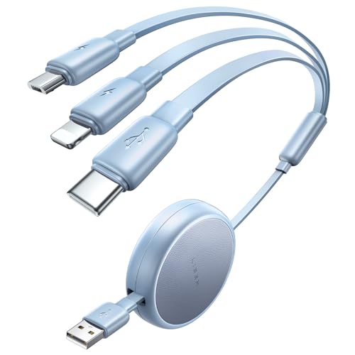 LISEN Multi Charging Cable 3 in 1 iPhone 16 Charger Cord, Retractable Car Charger Type C Cable, Retractable iPhone Charger Cord with Type C/L/Micro USB for iPhone/Samsung/PS/Kindle,Blue - color: Blue