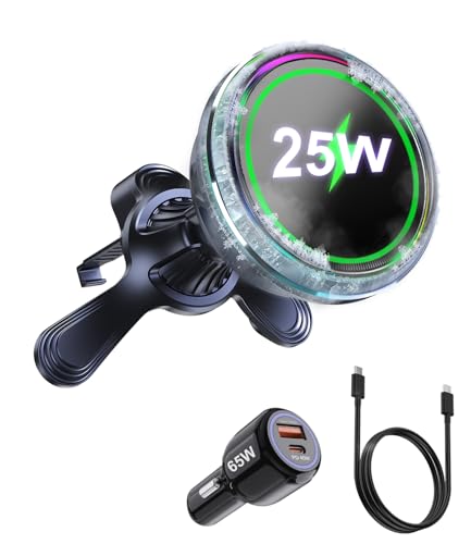 Koolehaoda Qi2.2 25W Car Mount Charger for MagSafe with TEC Cooling & Fan, Magnetic Wireless Charger Vent Phone Mount with 65W Car Adapter,Stable Fast Charger for iPhone 17-12 Series/Galaxy S26/S25