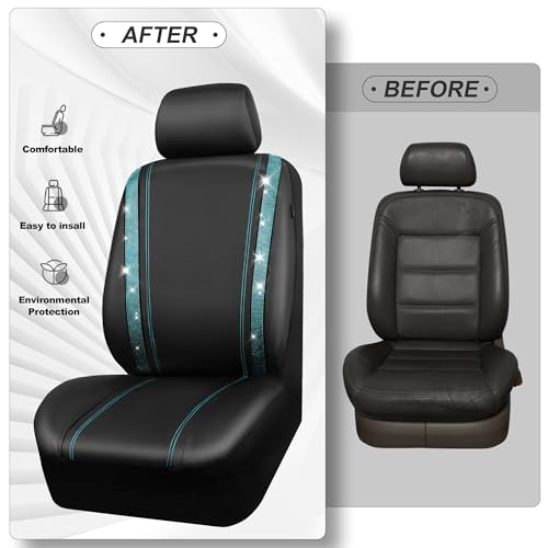 CAR PASS Bling Car Seat Covers Full Set, Shining Rhinestone Diamond Waterproof Faux Leather Universal Fit 95% Automotive Glitter Crystal Sparkle Strips for Cute Women Girl, Full Set (Mint Diamond) - color: Mint Diamond, size: Full Set