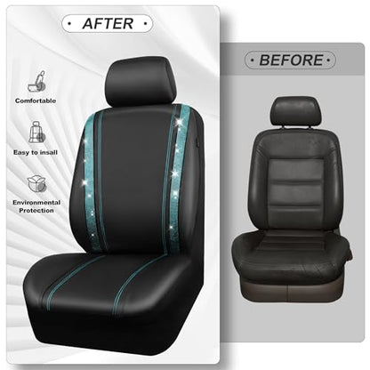 CAR PASS Bling Car Seat Covers Full Set, Shining Rhinestone Diamond Waterproof Faux Leather Universal Fit 95% Automotive Glitter Crystal Sparkle Strips for Cute Women Girl, Full Set (Mint Diamond) - color: Mint Diamond, size: Full Set