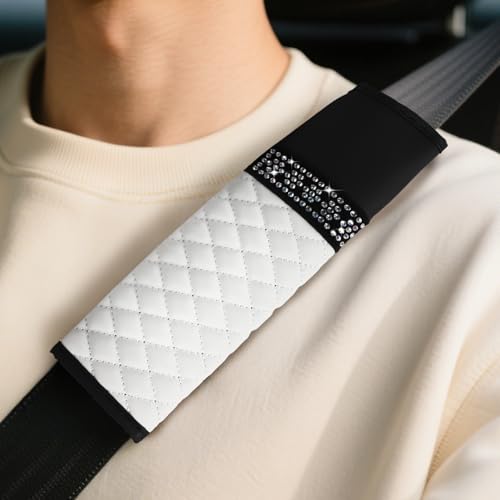 wuyaoyao 2PCS Bling Car Seat Belt Cover Pad, Breathable Leather Seatbelt Covers for Cars, Soft Comfortable Seatbelt Shoulder Strap Covers, Rhinestone Auto Seat Belt Protector Cushion (White) - color: White