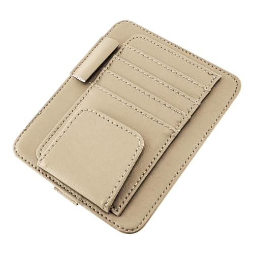 Leather Car Sun Visor Organizer, Multifunctional Auto Visor Document Holder with Sunglasses Clip, Universal Vehicle Interior Pocket Storage Accessories for Drving License, Card, Pen (Beige) - color: Beige