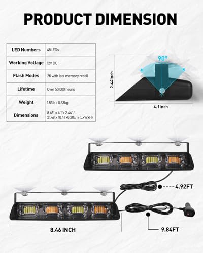 HLauto 2002L Emergency Dash Strobe Lights: Blue White Safety Lights, Flashing Warning Hazard Windshield Visor Traffic Light Bars for Trucks, Construction Vehicles (2x8.5 inch, 48LED) - color: Blue/White