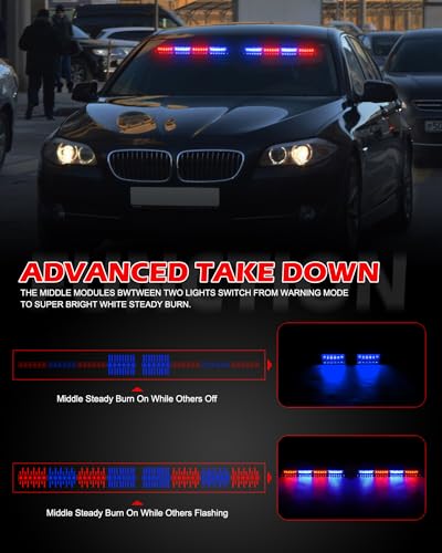 HLauto 604N Emergency Dash Strobe Lights: 2x16.8 inch Red Blue Security Light w/Take Down, 48 LED Safety Flashing Warning Hazard Interior Windshield Light Bar for Trucks Vehicles - color: #09 Red / Blue