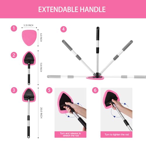 Qydipclin 11pcs Windshield Cleaner Tool, Car Window Cleaning Wash Kit with 6 Reusable Microfiber Pads 2 Spray Bottles and Extendable Handles Auto Glass Wiper Kit, Pink - color: Pink
