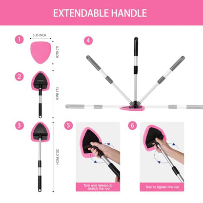 Qydipclin 11pcs Windshield Cleaner Tool, Car Window Cleaning Wash Kit with 6 Reusable Microfiber Pads 2 Spray Bottles and Extendable Handles Auto Glass Wiper Kit, Pink - color: Pink