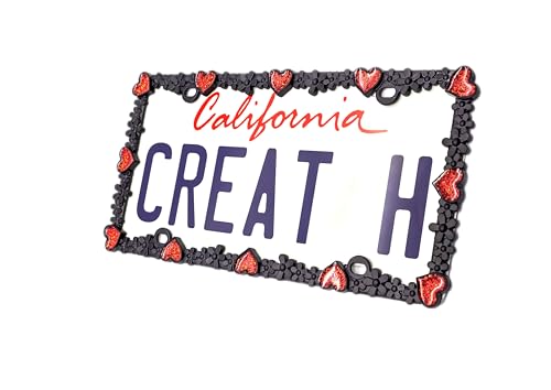 Creathome 3D Shining Daisy Heart License Plate Frame from Pure Zinc Alloy Metal Perfect Plate Holder, Matt Black with Red Glitter, Luminously Heart - color: Matt black with Red Glitter, Luminously Heart